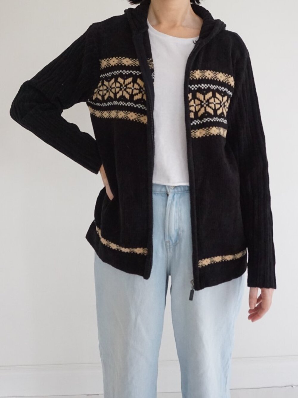 Vintage Classic Elements Black Snowflake Nordic Hooded Zip Cardigan Sweater XL
